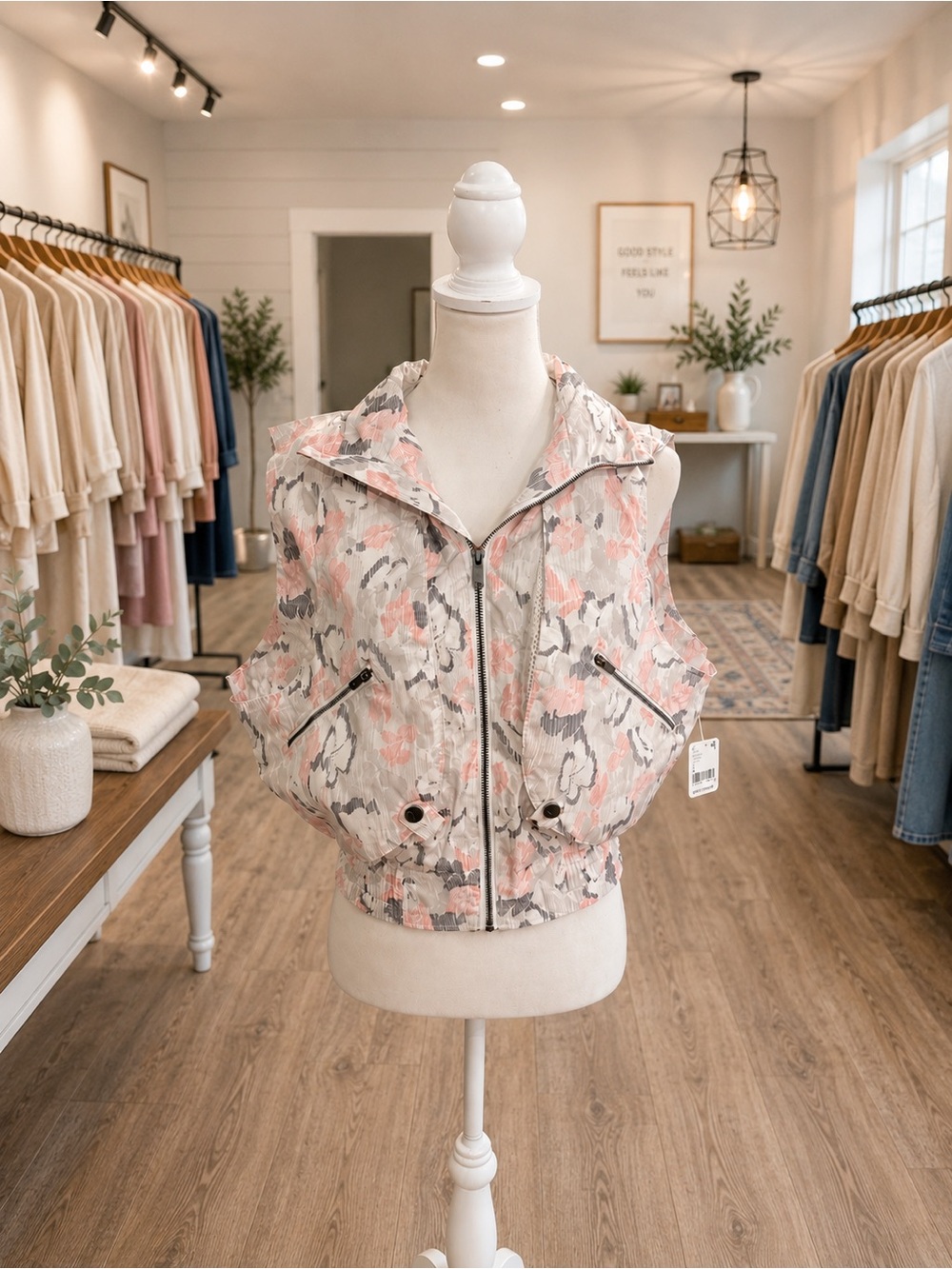 FP Movement Packable Floral Hooded Utility Vest NWT Size Small Ivory Pink